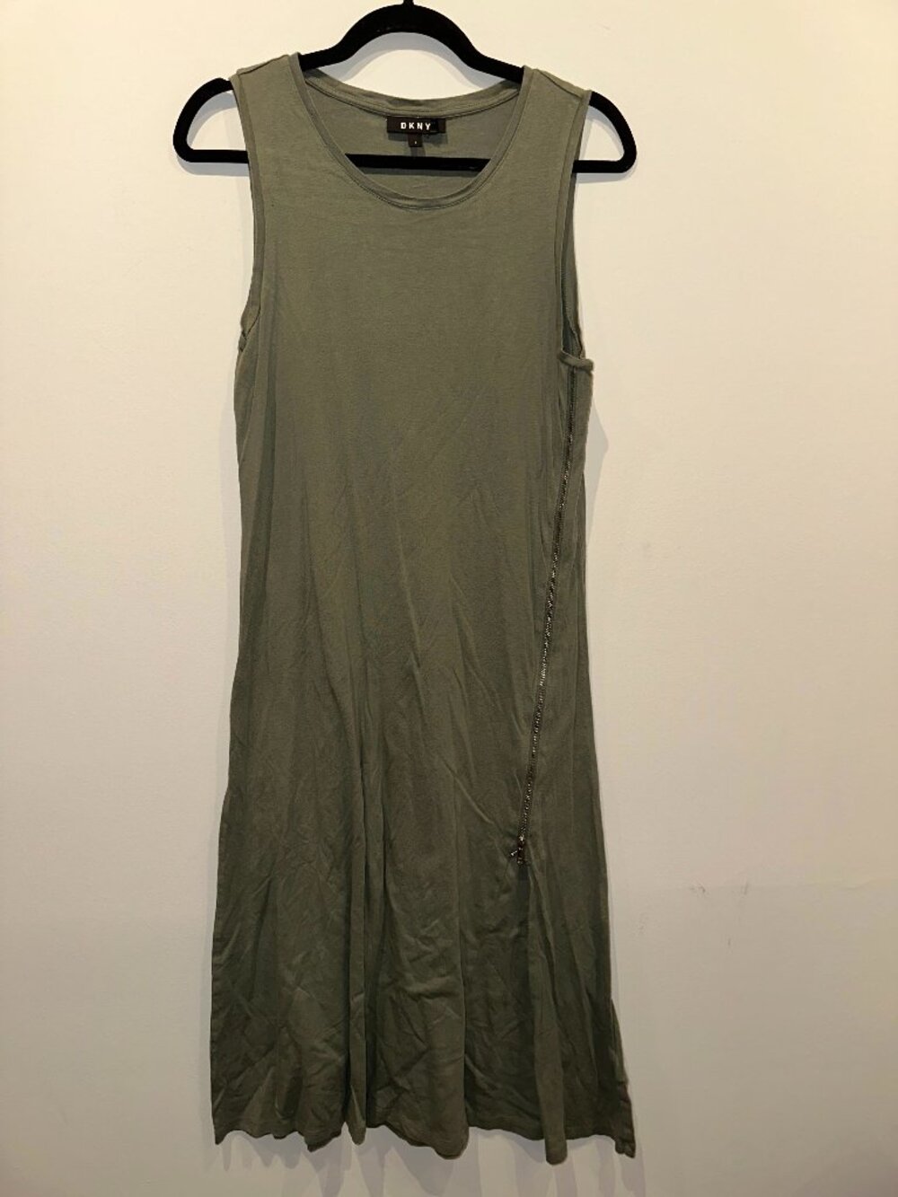 DKNY Olive Green Sleeveless Midi Dress Zip Side Tank Dress